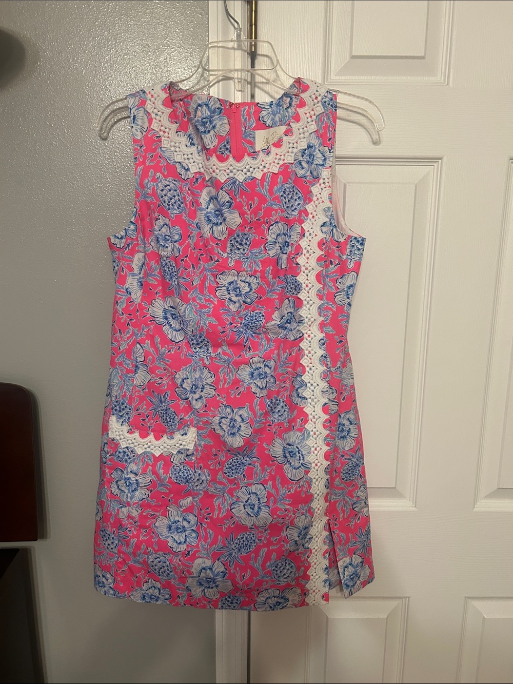 Lilly Pulitzer Pink Floral Sleeveless Shift romper with Blue Print